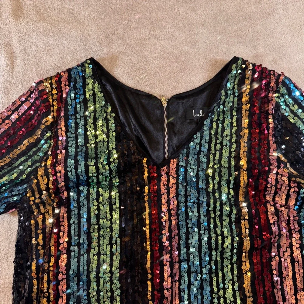 Chic Disco Rainbow Glam Sequin Mini Dress Party NYE Cocktail Stripe Retro Sz L